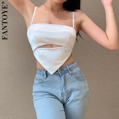 Fantoye Satin Backless Spaghetti Strap Women Tank Top White Sexy Off Shoulder Hollow Out Tank Top Ladies Summer Skinny New Tops