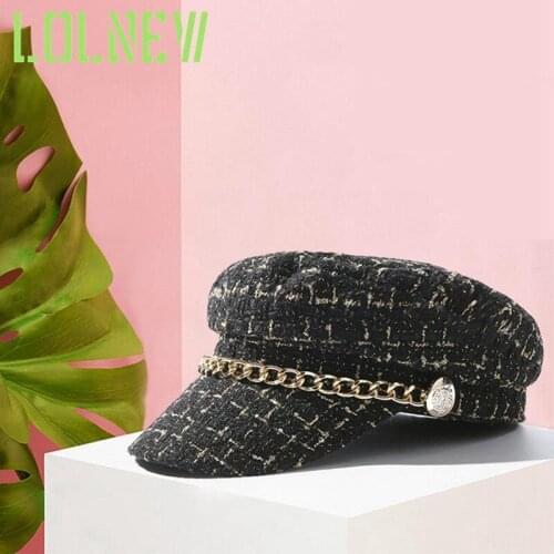 2020 Women Retro British Beret Cotton Plaid Printed Gold Chain Decor Flat Top Octagonal Hat Winter All-Match High Street Cap