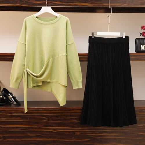 2020 autumn winter new sweater suit skirt large size slimming womens top skirt knitted wool two-piece suit