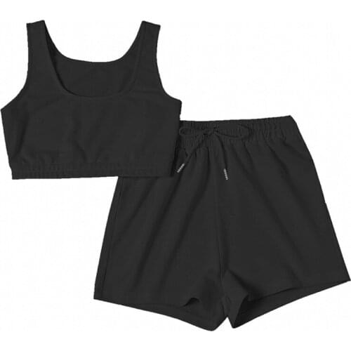 Casual Solid 2 Piece Tracksuit For Women Summer 2021 Athleisure Sportswear Female Crop Top Drawstring Shorts Matching Sets Women