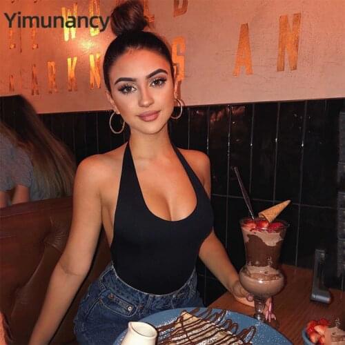 Yimunancy Backless Bodysuit Women Halter Bodysuit 2020 Ladies 5 Colors V Neck Sexy Bodysuit Clubwear Summer Overalls