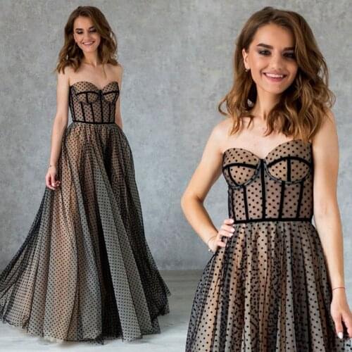 2021 Elegant A Line Sexy Party Gown Corset robe robes de soirée Long Formal Prom Dress Bohemian Black Polka Dotted Evening Dress