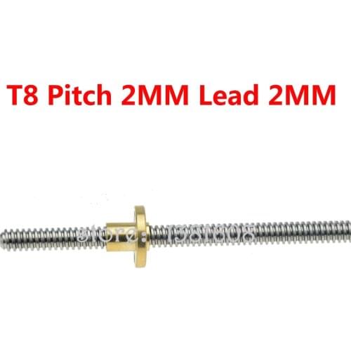 1PC T8 Lead Screw Dia 8mm Lead 2MM Length 100MM 200MM 300MM 400MM 500MM 600MM with Brass copper Nut for Reprap 3D Printer