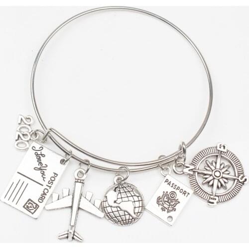 2019 2020 2021 2022 Earth Plane Postcard Alloy Bracelet Compass Pendant Travel Bracelet Best Friend Jewelry Gift Handmade DIY