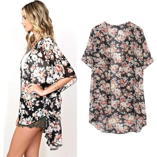 2019 Summer Beach Blouse Shirts Women Floral Chiffon Kimono Cardigan Blouses Beach Cover Ups Female Tops