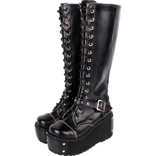 Angelic imprint mori girl Women punk motorcycle cool boots lady lolita shoes woman high trifle heels pumps zipper rivets 33-47