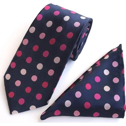 Big Polka Dot Pattern Men Necktie Set Navy Blue with Red Dots Spots Ties Sets with Pocket Square