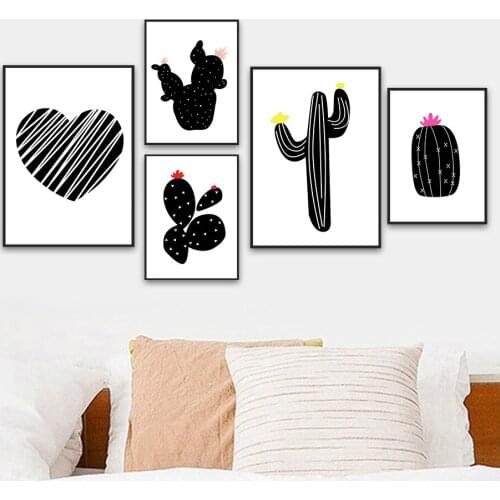 Black White Line Heart Crab Coral Cactus Wall Art Canvas Painting Nordic Posters And Prints Wall Pictures For Living Room Decor