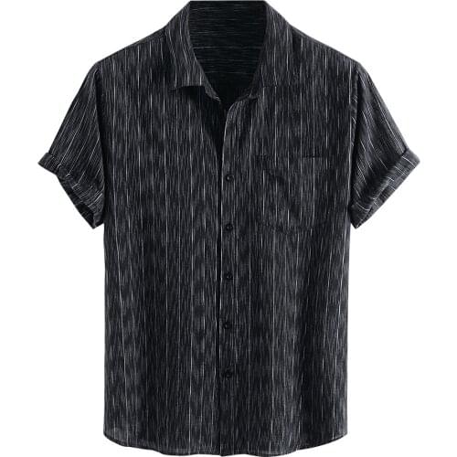 Hawaiian Shirts Mens Printed Striped Cotton Black Shirt Chest Pocket Short Sleeve Shirts Summer Beach Blouse Tops Chemise Homme