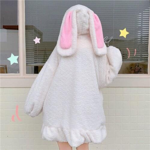 Japanese Style Autumn Winter Hoodies Women Oversized Zip Long Sleeve Hooded Rabbit Ears Lolita Cute Sweet Girls Harajuku Clothes