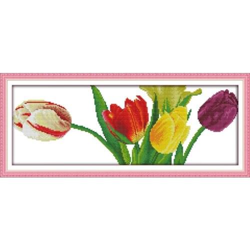 Joy Sunday Gorgeous Tulips Chinese Cross Stitch Kits Ecological Cotton Clear Stamped 14CT 11CT DIY Wedding Decoration For Home