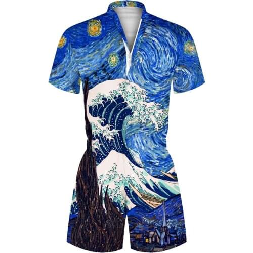 Overalls Women Mens Rompers Hawaii Print Print Casual Jumpsuit Male Beach Sets One-piece Outfits Casual Zipper Playsuit