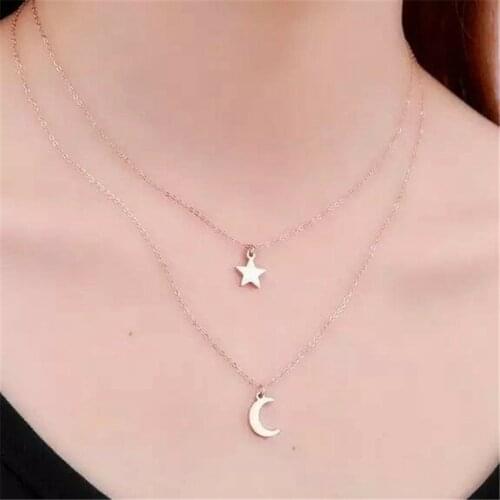 Vogue Necklace Womens Silver Color Long Star And Moon Choker Pendant Gold Double Layer Chain