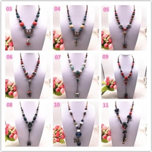 Fashion Ethnic Jewelry Traditional Handmade Ornaments Weave Wax Rope Ceramics Necklace Ceramics Beads Pendant Long Necklace