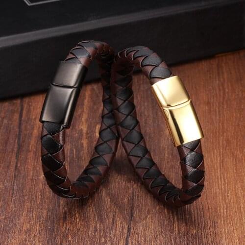 Vintage Male Braided Genuine Leather Bracelets for Men Women Stainless Steel Charm Bangle & Bracelet Fashion Boys Jewelry