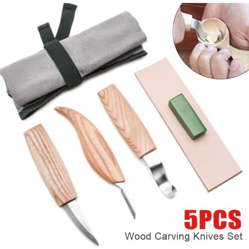 5pcs/set Wood Carving Cutter Set Wood + Carbon Steel Cork Hardwood Woodworking Tools Spoon Kit for Carpenter Crafts With Pouch