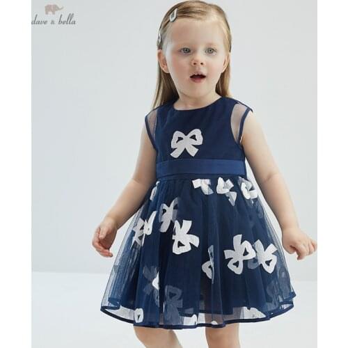 DB17437 dave bella summer baby girls cute bow print mesh dress children fashion party dress kids infant lolita clothes