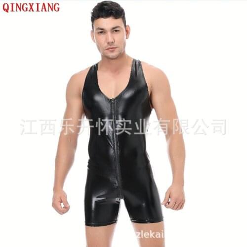 Plus Size Sleeveless Sexy Men Jumpsuit Faux Leather O Neck Zipper Crotch 2020 Short Pants Bodysuit Night Club Fetish Costume