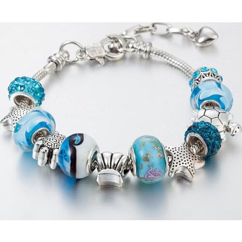 CHENFAN Hot Sale Blue Glass Bead Ocean Series Bracelet Starfish Turtle Beaded Adjustable Bracelet for women 18+5 Womens Jewelry