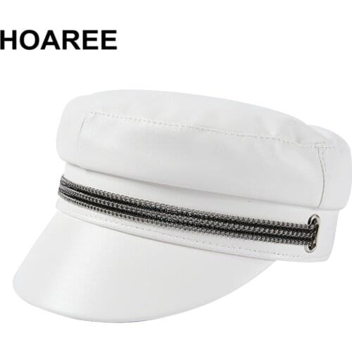 HOAREE White Military Hat Women Baker Boy Hat Ladies Leather Cap Chain Autumn Winter Brand Vintage Female Pu Captain Hat