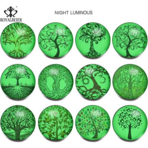 RoyalBeier Luminous Series Tree of Life 18mm Snap Buttons 12pcs/Lot Cabochon Glass Snaps DIY Bracelets For Charms Jewelry Gift