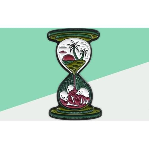 Green Hourglass Sunset Island Coconut Tree Blood Skull Wilderness Adventure Enamel Pin Backpack Denim Badge Gothic Style Gifts