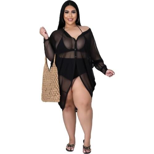 L-4XL Plus Size Sexy Women Sheer Mesh Bikini Cover Up Swimwear Swimsuit Bathing Suit See Through Blouse Tops Summer Beach Dress