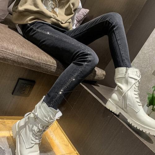 Ladies Plus Velvet Black Mother Jeans New Heavy Industry Hot Drilling High Waist Slim Slimming Pants Womens Jeans High Waist