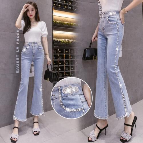 2021 Korean Elastic High Waist Washed Jeans Rhinestones Trousers Womens Stretch Hip Slim Fit Thin Skinny Flare Denim Pants X35