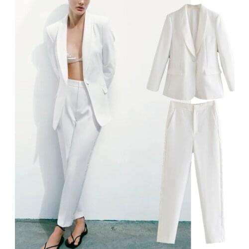 Summer White Tuxedo Woman Jacket Za 2021 Casual Lapel Long Sleeve Single Button Blazer Fashion High Waist Pant Women Suits Mujer