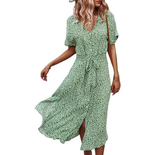 Womens Floral Print Midi Dress Button Short Sleeve Belted Loose Shirt Dress Short Sleeve A line Dresses Sundress Party Club Robe