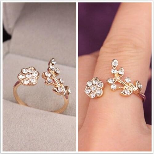 Hot Sale Temperament Rhinestones Twisted Leaves Wishful Flowers Open Ring Index Finger Ring Unisex Rings