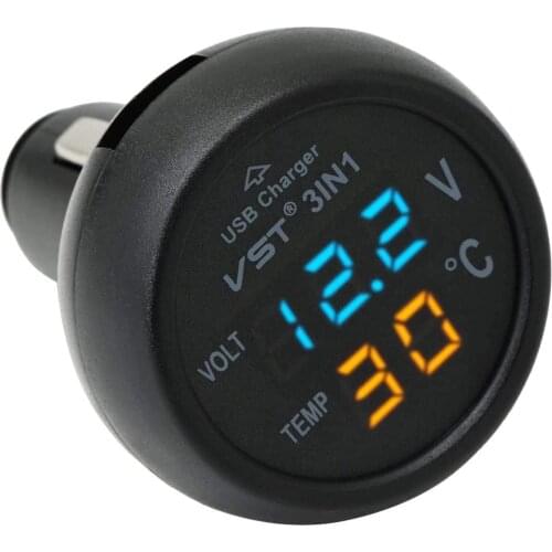 12V/24V Digital Meter Monitor 3 in 1 LED USB Car Charger Voltmeter Thermometer Car Battery Monitor LCD Digital Dual Display