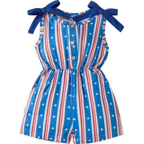 2021-05-14 Lioraitiin 0-3Years Toddler Little Girl Independence Day Jumpsuit Summer Stripe Star Printing Sleeveless Bow Trousers