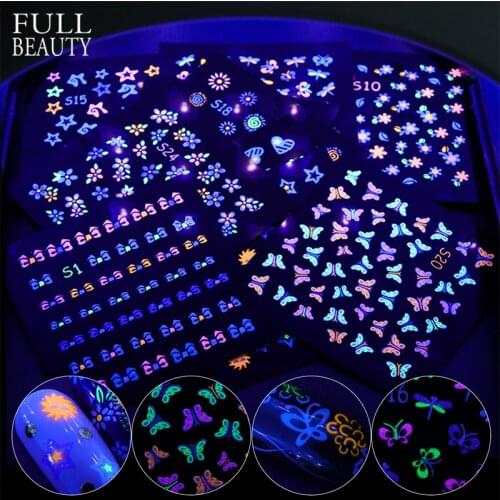24pcs Luminous Colorful Butterfly 3D Stickers for Nails Acrylic Design DIY Flower Slider Adhesive Decal Glow in the Dark CHS1-24
