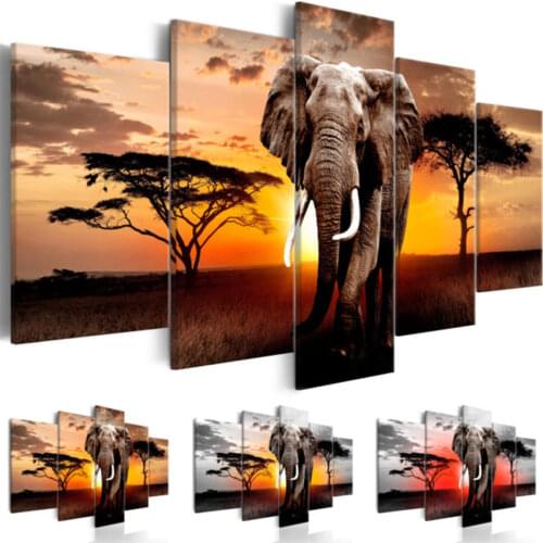 2019 5Pcs Sunset Elephant Large Landscape Painting Canvas Picture Prints for Home Living Room Decor (Color: Multicolor)