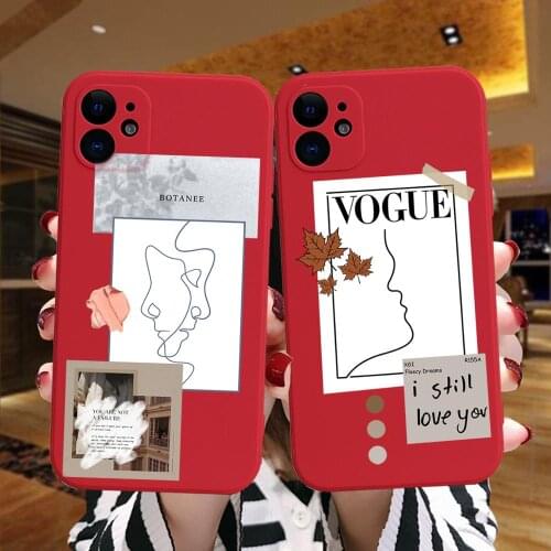 Artistic Minimal Line Art Face Letter Phone Case For iPhone 11 12 Pro XS Max X XR 7 8 Plus 12Mini Soft Red Silicone Back Cover