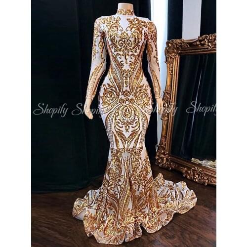 Long Prom Dresses 2020 Sparkly Long Sleeve High Neck Gold Sequined White Satin Lace African Women Prom Party Dress