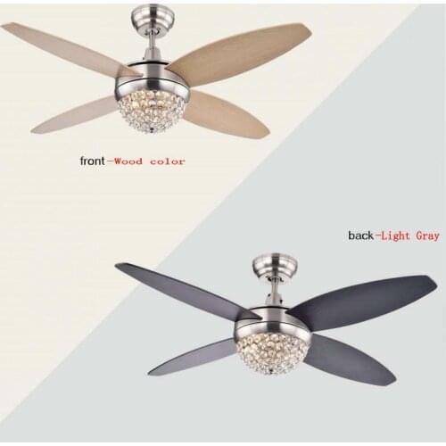 Remote Control 52" 4 Blades Double-Sided Color Wood Satin Nickel Crystal Ceiling Fan 2 Lights For Living room/Restaurant/Hall