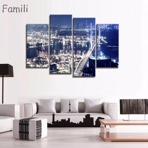 Unframed 4 Print Canvas Painting city night sky strait bridge Wall Art Picture Bar Cafe Home Decoration Living Room