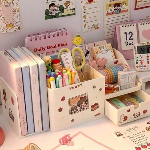 Kawaii ABS 2 in 1 Multifunctional Desktop Organizer Pen Holder Books Stand Holder Bookends Free Sticker School Stationery