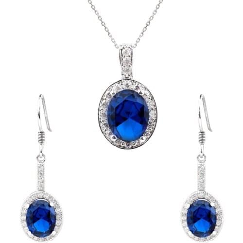 925 Sterling Silver Jewelry Set Women Dangle Earrings with Hook Pendant Necklace Sets Oval CZ 18-inch Cable Chain Set012