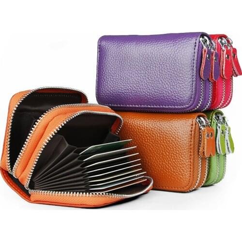 Cowhide Leather Wallet Women Coin Purse Women Luxury Brand Solid Color Double Zipper Card Holder Skin Real Leather Fashion 2020