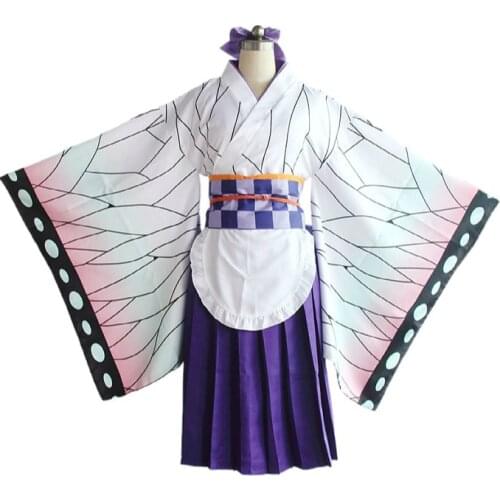 Anime Demon Slayer Kimetsu No Yaiba Cosplay Tsuyuri Kanawo Costume Girl Women Lovely Maid Kimono Cute Pleated Skirt Clothes Wigs