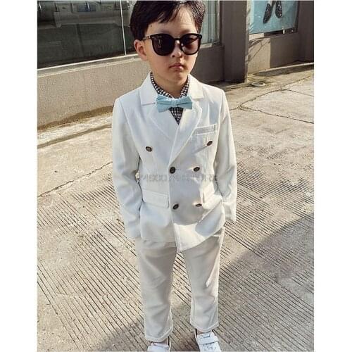 Boys White Baptism Wedding Suit Flower Boys Jacket Pants 2Pcs Suit Children Formal Graduation Dress Kids Tuxedo Costume