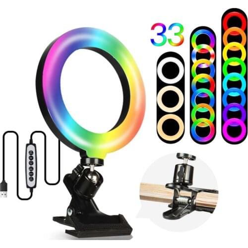6 Inch RGB Selfie Round Light 33 Colors USB Fill Ring Lamp With Clip for Makeup Mobile Video Live TikTok Computer LED Fill Light