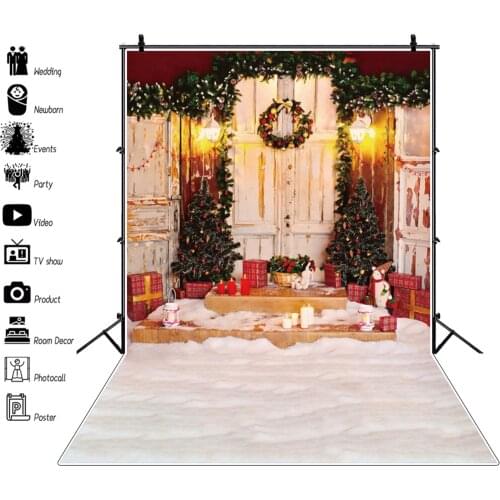 Laeacco Winter Snow View Christmas Tree Wooden Door Backdrop For Photography Gifts Wreath Child Portrait Photocall Background