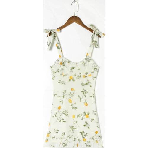 Summer Womens Casual Flower Printed Bowknot Decorated Slim Sling Dress