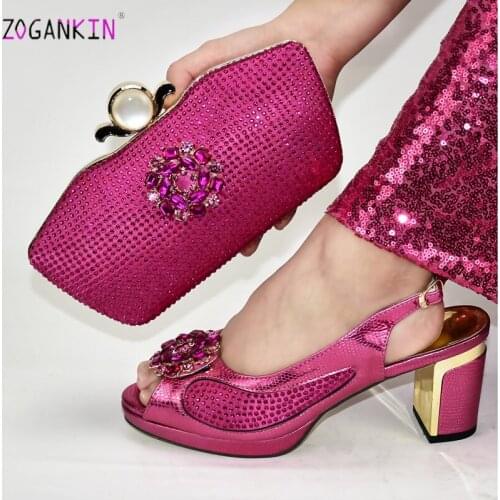 Fuchsia Color New Arrivals Nigerian Women Shoes and Bag to Match High Quality Comfortable Heels with Shinning Crystal for Party