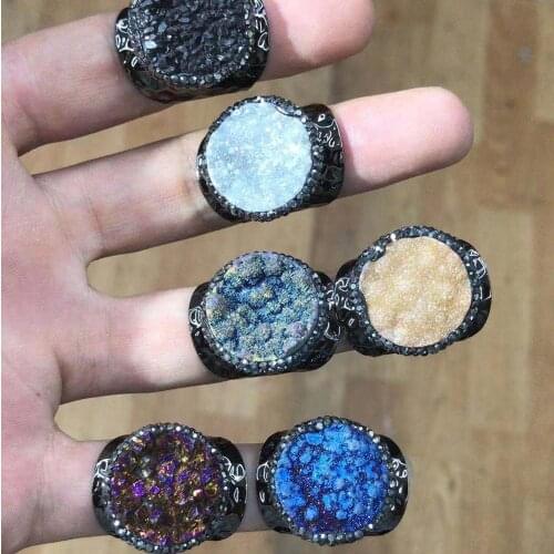 Wholesale 6pc/lot Natural stone Agates cluster crystal dazzling color plating gold wide irregular ring